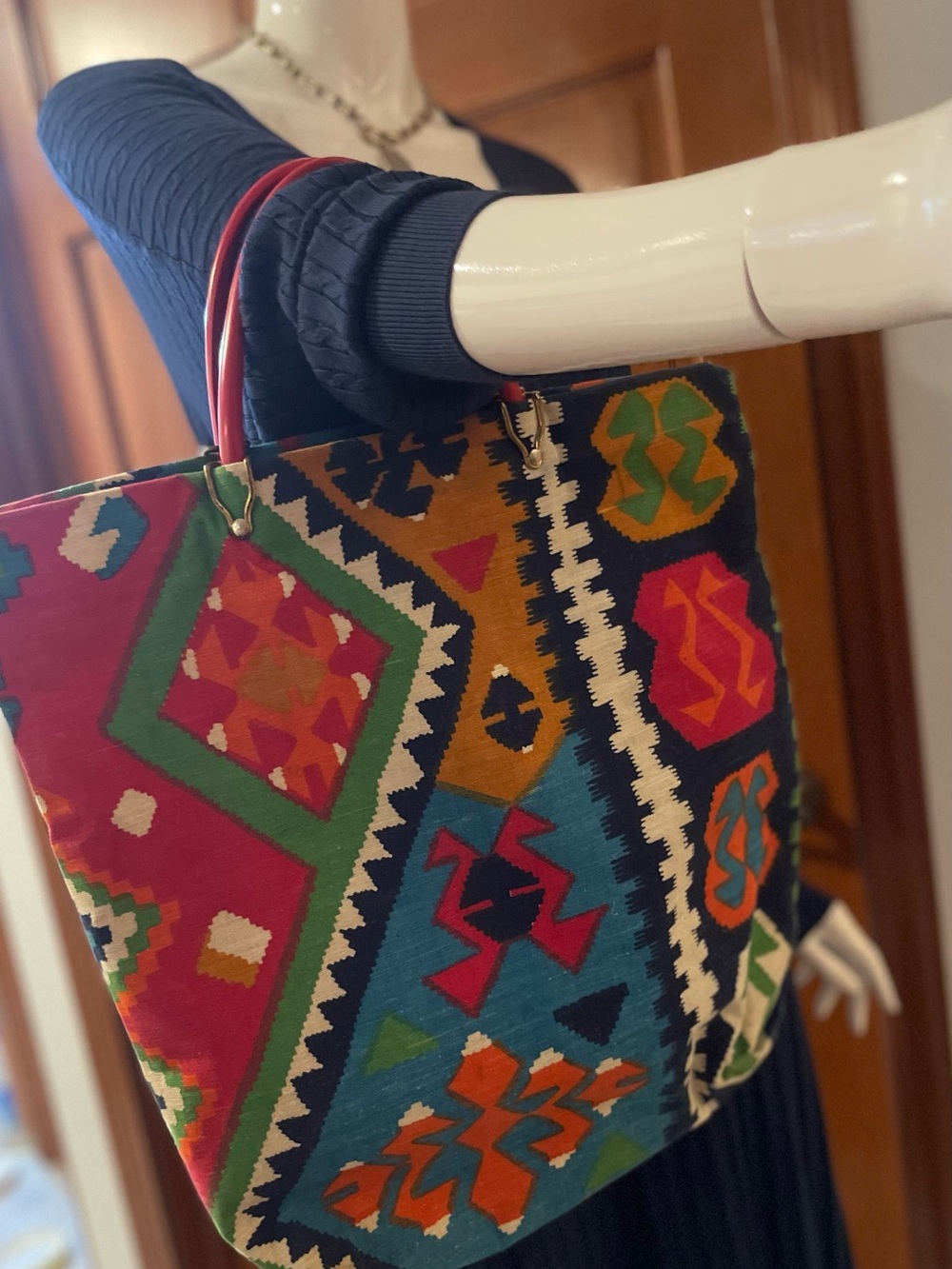 1960’s Canvas Multicolor Geometric Tote Bag - Vibrant Pattern - Picture 9 of 9